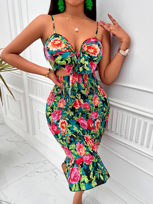 Eco-friendly Printed hip-hugging hollow strap dress