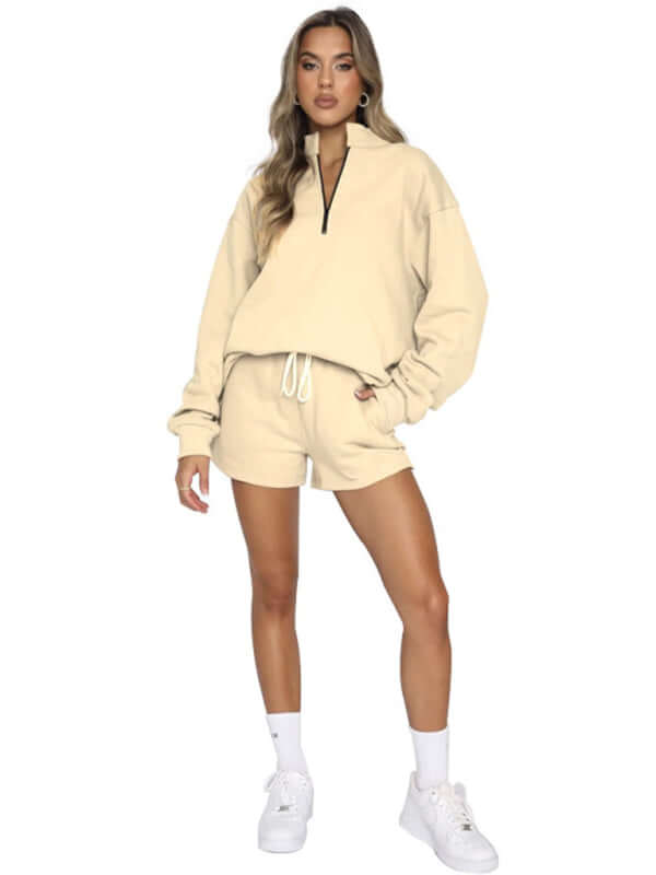 Eco-friendly Women's New Solid Color Stand Collar Zipper Pullover Long Sleeve Sweatshirt Shorts Set