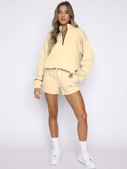 Eco-friendly Women's New Solid Color Stand Collar Zipper Pullover Long Sleeve Sweatshirt Shorts Set