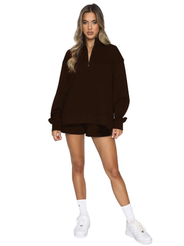 Eco-friendly Women's New Solid Color Stand Collar Zipper Pullover Long Sleeve Sweatshirt Shorts Set