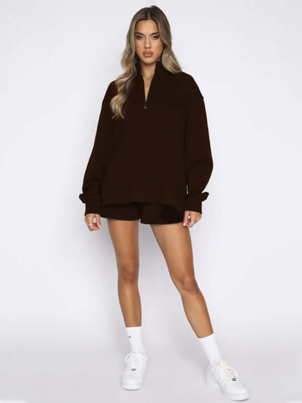 Eco-friendly Women's New Solid Color Stand Collar Zipper Pullover Long Sleeve Sweatshirt Shorts Set