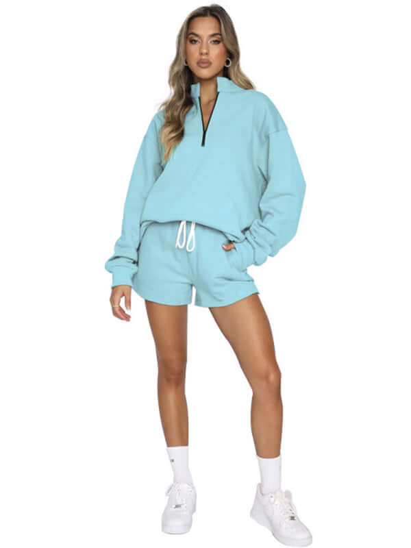 Eco-friendly Women's New Solid Color Stand Collar Zipper Pullover Long Sleeve Sweatshirt Shorts Set