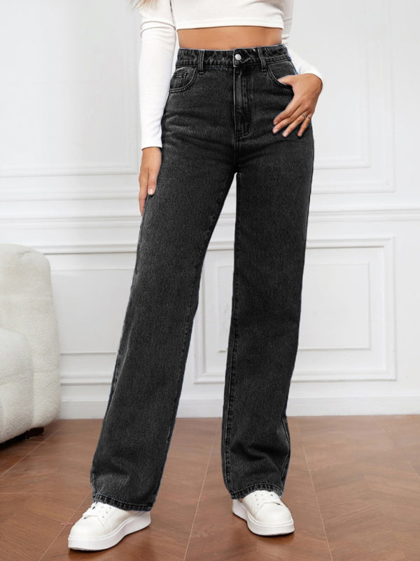 Eco-friendly Women's High Waist Washed Straight Leg Jeans