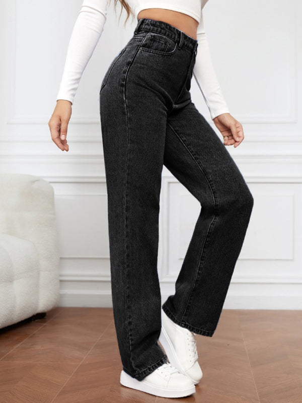 Eco-friendly Women's High Waist Washed Straight Leg Jeans