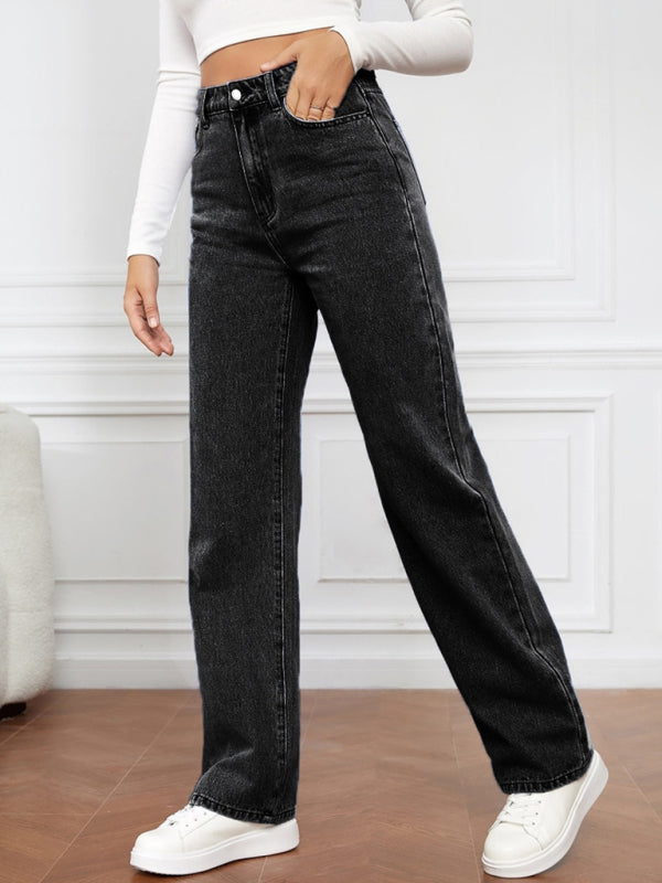 Eco-friendly Women's High Waist Washed Straight Leg Jeans