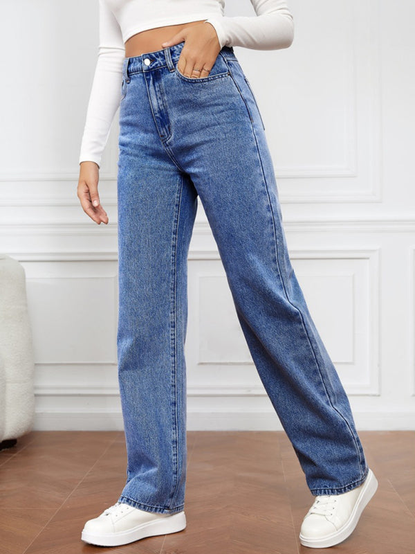 Eco-friendly Women's High Waist Washed Straight Leg Jeans