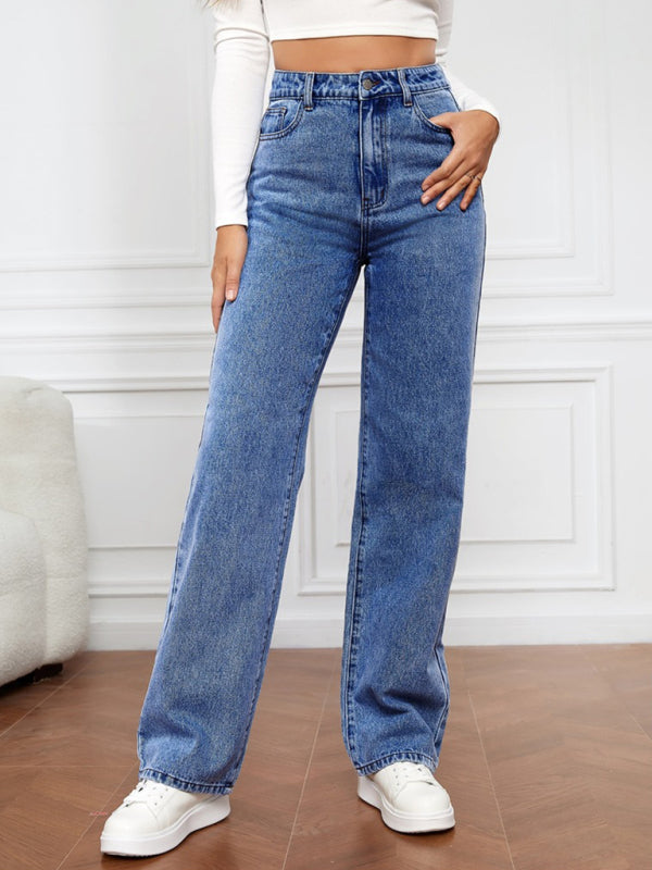 Eco-friendly Women's High Waist Washed Straight Leg Jeans