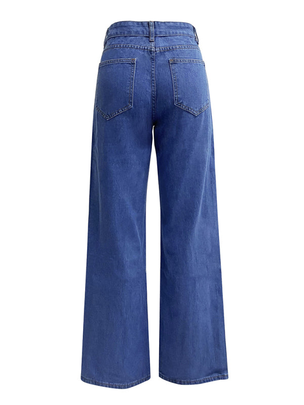 Eco-friendly Women's High Waist Washed Straight Leg Jeans