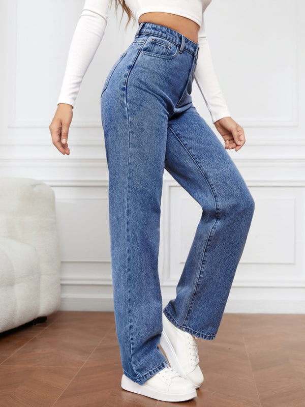 Eco-friendly Women's High Waist Washed Straight Leg Jeans