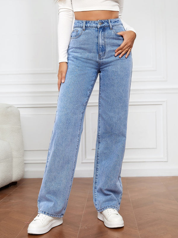 Eco-friendly Women's High Waist Washed Straight Leg Jeans