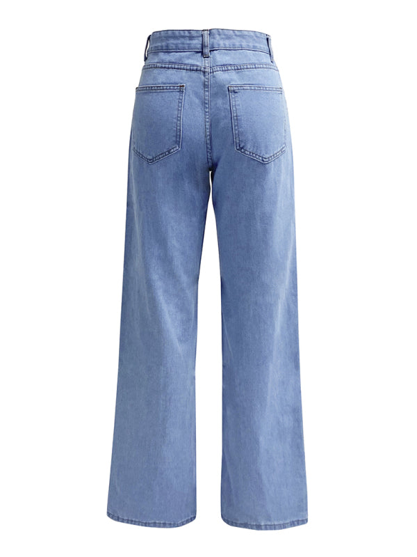 Eco-friendly Women's High Waist Washed Straight Leg Jeans