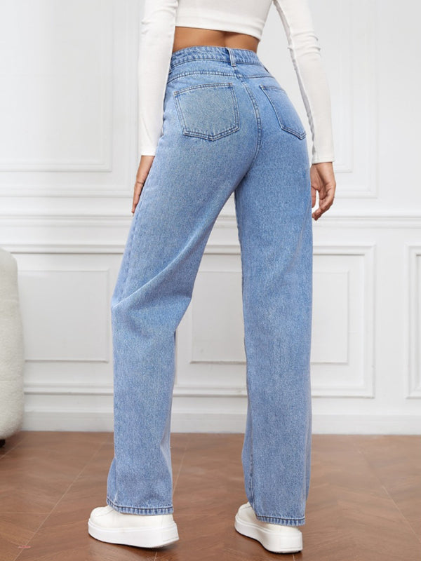 Eco-friendly Women's High Waist Washed Straight Leg Jeans