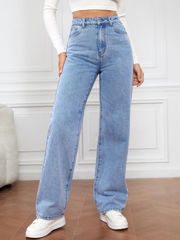 Eco-friendly Women's High Waist Washed Straight Leg Jeans