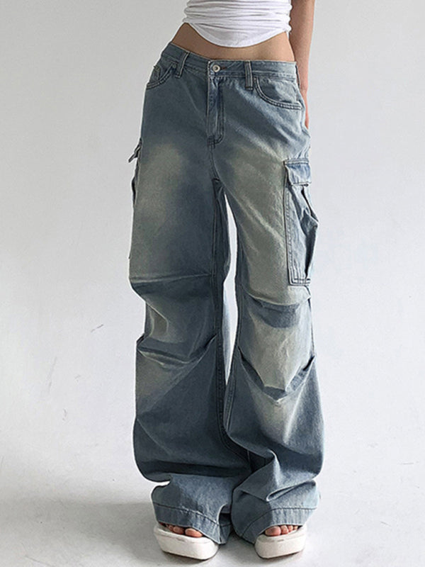 Eco-friendly New street style distressed washed pocket splicing jeans loose straight trousers