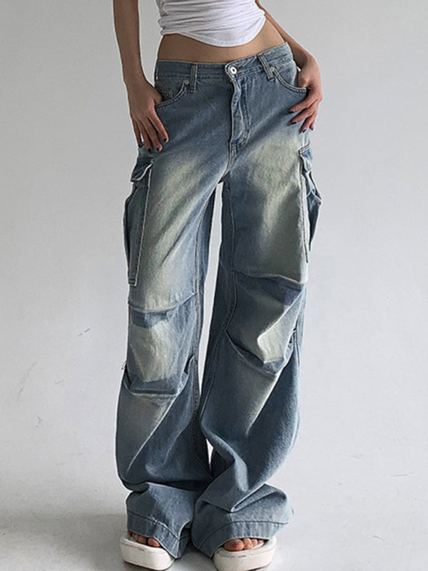 Eco-friendly New street style distressed washed pocket splicing jeans loose straight trousers