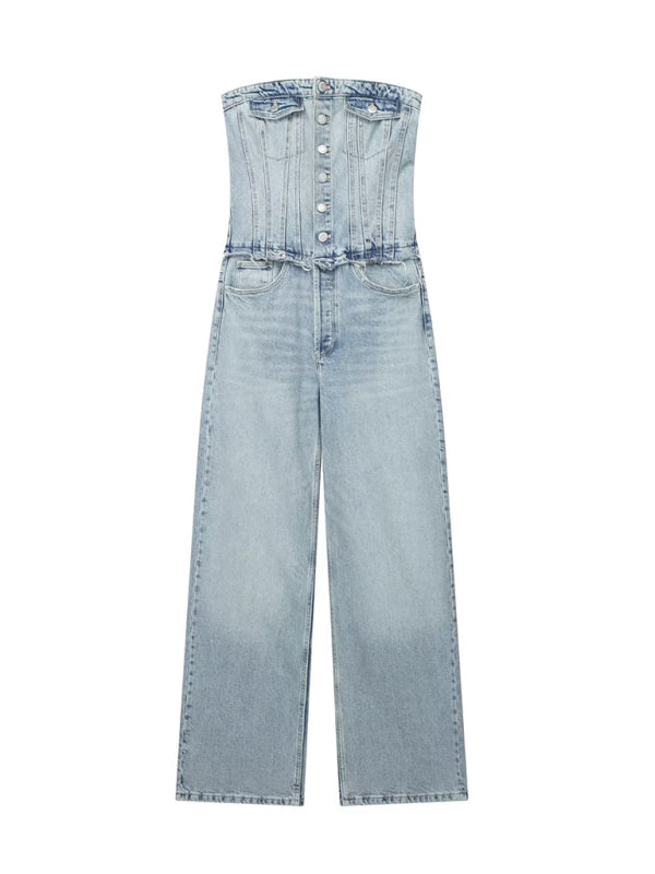 Eco-friendly New women's retro hottie style tube top loose casual straight denim jumpsuit