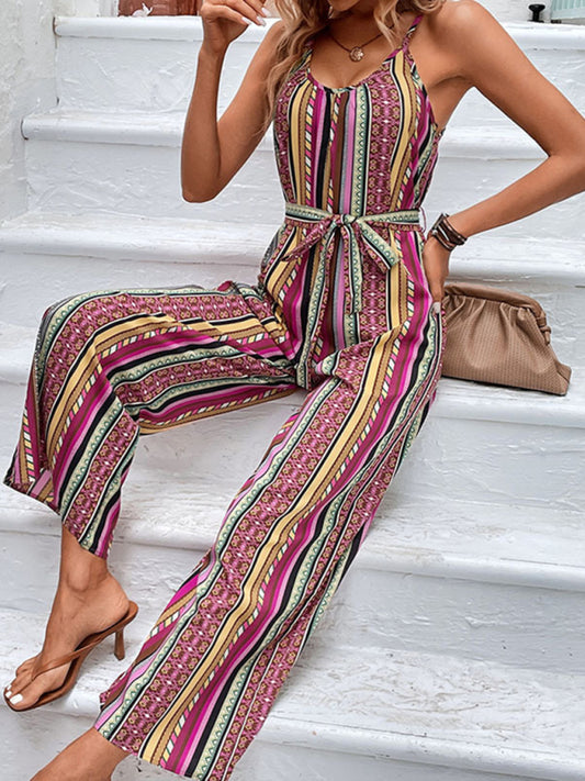 Women's elegant holiday bohemian suspender jumpsuit Sizing: True to size Material composition: 100% Polyester Clothing type: X Material: Polyester Pattern: Random print Fabric elasticity: Slight elasticity Season: Spring-Summer Weaving type: Woven Style: