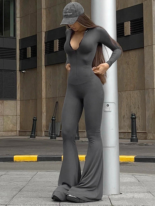 Long sleeve fashionable bell pants slim fit hottie jumpsuit Sizing: True to size Material composition: 95% Polyester, 5% Elastane/Spandex Clothing type: H Material: Polyester Pattern: Self design Fabric elasticity: Slight elasticity Season: Spring-Summer