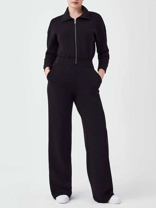 Women's long sleeve lapel zipper wide leg jumpsuit Sizing: True to size Material composition: 95% Polyester, 5% Elastane/Spandex Clothing type: H Material: Polyester Pattern: Self design Fabric elasticity: Slight elasticity Season: Spring-Summer Weaving t
