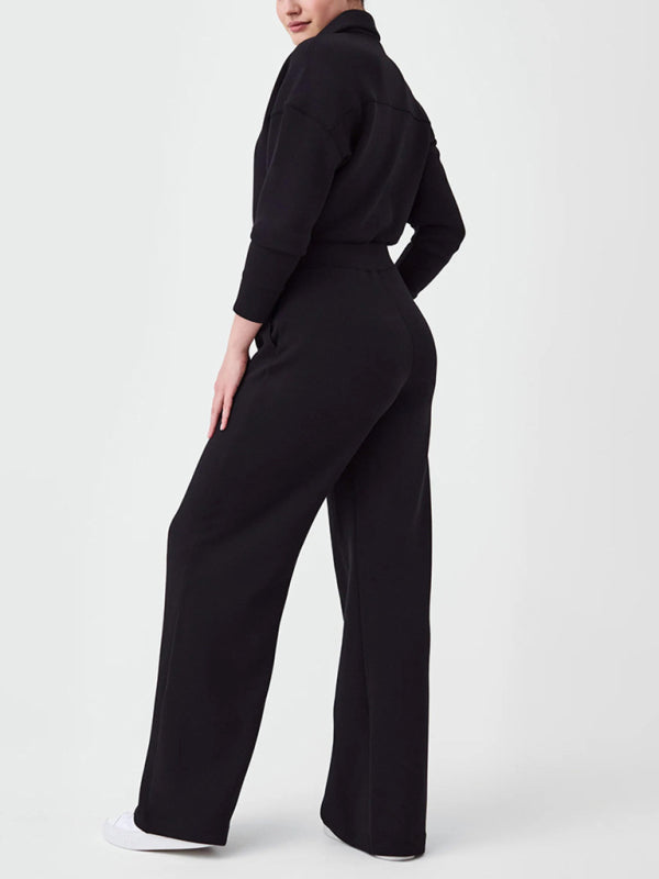 Eco-friendly Women's long sleeve lapel zipper wide leg jumpsuit