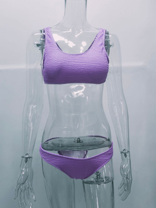 Women's new special fabric wrinkled fabric bikini macaron color split swimsuit