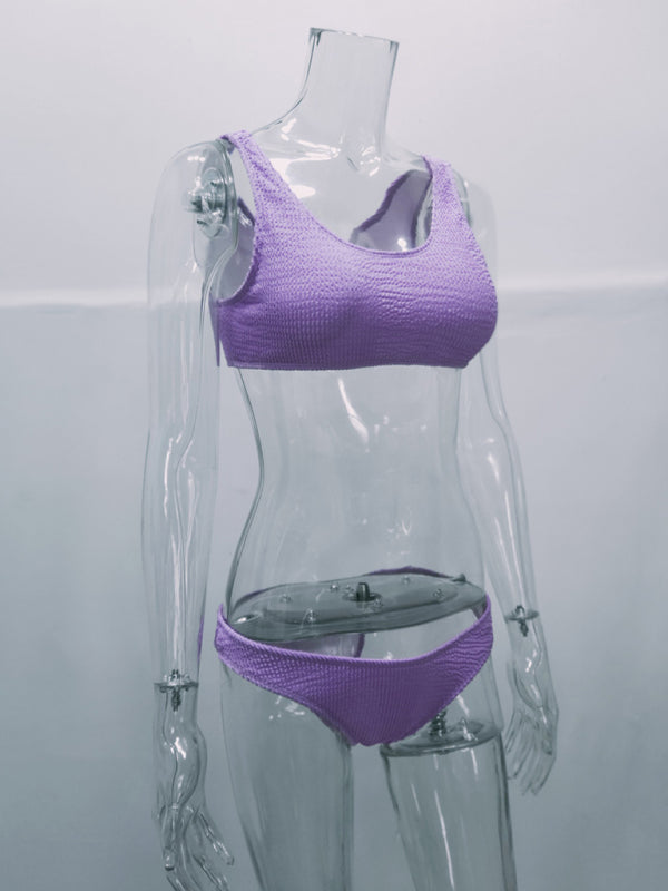 Eco-friendly Women's new special fabric wrinkled fabric bikini macaron color split swimsuit