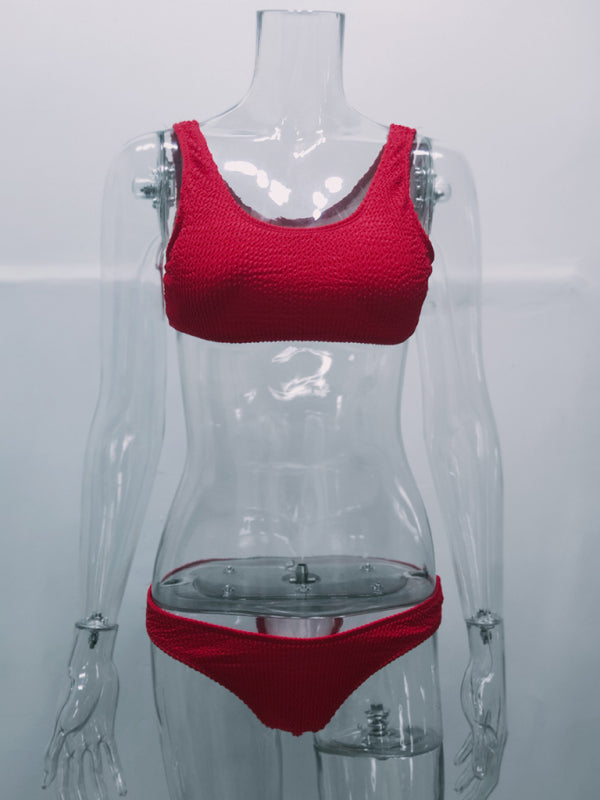 Women's new special fabric wrinkled fabric bikini macaron color split swimsuit