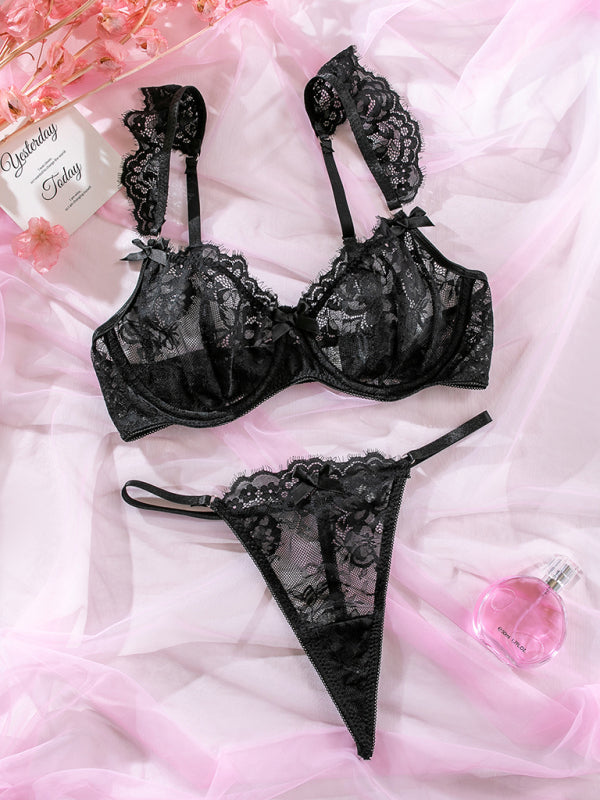 New sexy lace ruffle sleeves bow sexy lingerie set