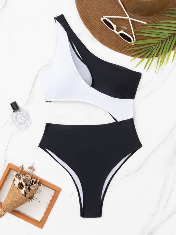 Ladies new black and white stitching contrasting color hollow swimsuit