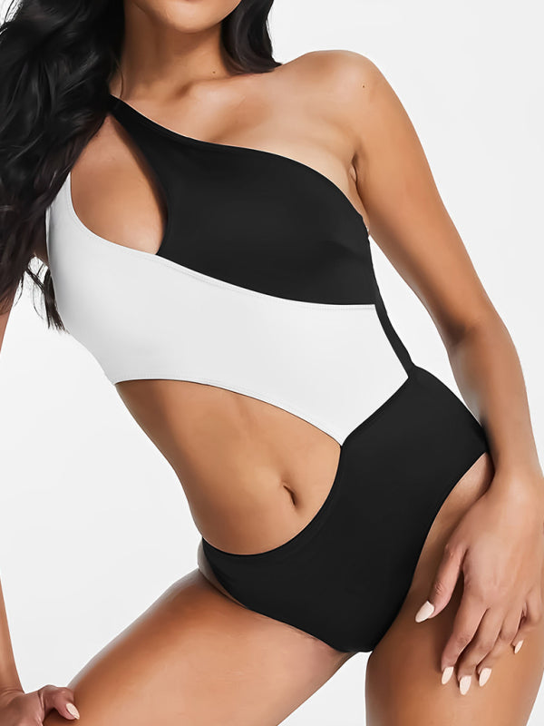 Ladies new black and white stitching contrasting color hollow swimsuit