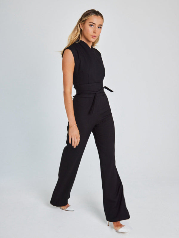 Eco-friendly New style temperament strapped waist solid color V-neck sleeveless wide-leg jumpsuit