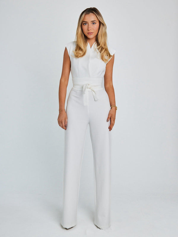 New style temperament strapped waist solid color V-neck sleeveless wide-leg jumpsuit