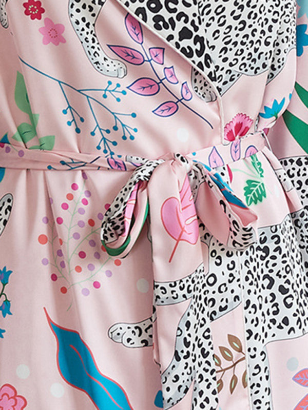 Women's animal print lace-up bathrobe loungewear