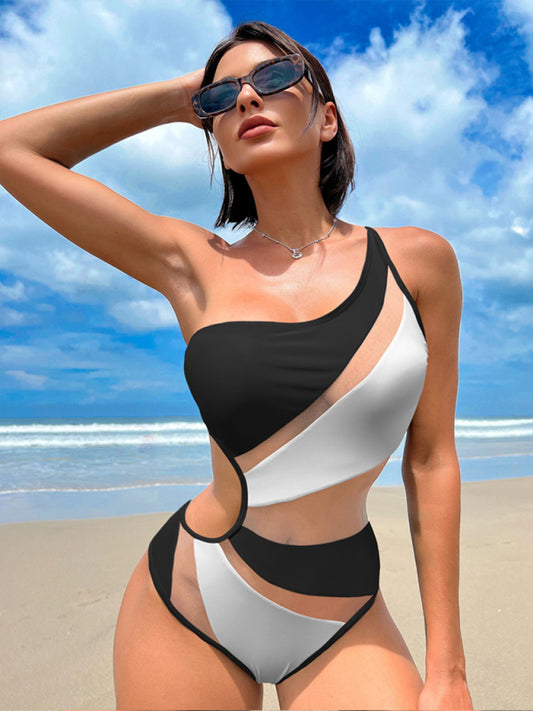 Eco-friendly New solid color hollow mesh sexy bikini one-piece swimsuit