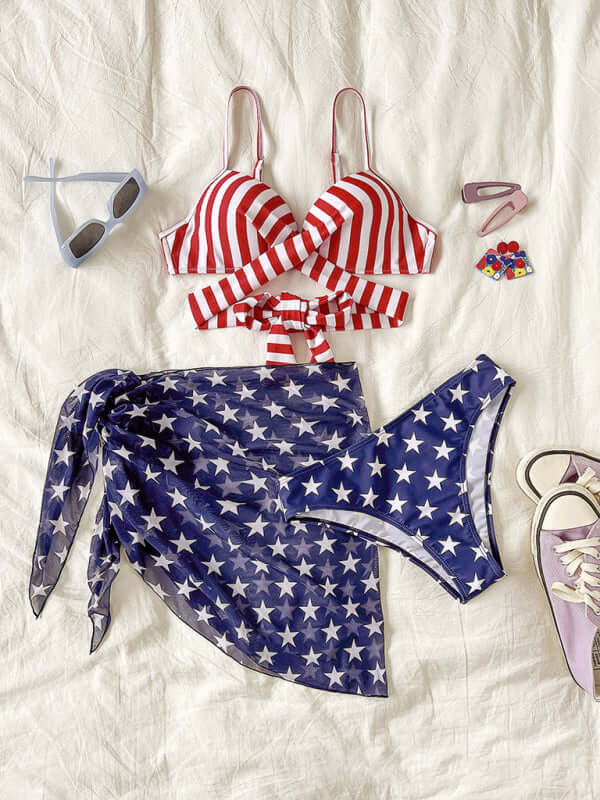 Eco-friendly New women's bikini flag print stars and stripes three-piece swimsuit