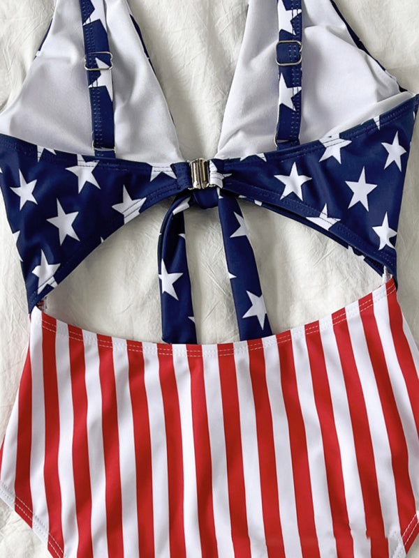 Eco-friendly New women's flag striped star straps hollow one-piece bikini