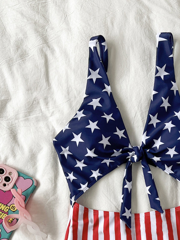 Eco-friendly New women's flag striped star straps hollow one-piece bikini