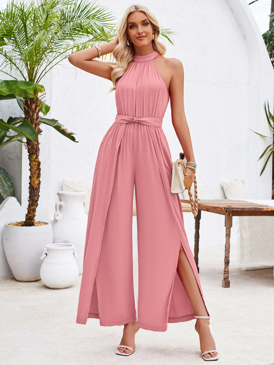 Women's solid color halterneck strappy jumpsuit Sizing: True to size Material composition: 100% Viscose Clothing type: X Material: Polyester Pattern: Self design Fabric elasticity: Slight elasticity Season: Spring-Summer Weaving type: Knit Style: Bohemia
