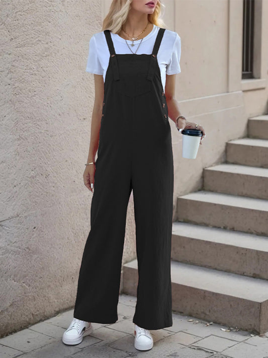 New casual one-piece suspender straight trousers Sizing: True to size Material composition: 100% Polyester Clothing type: H Material: Polyester Pattern: Solid Fabric elasticity: No elasticity Season: Spring-Summer Weaving type: Woven Style: Leisure Weight