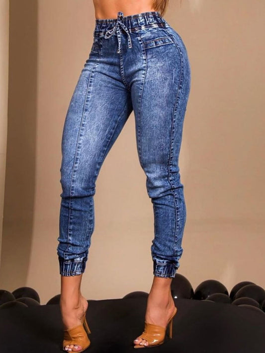 Eco-friendly Women's elastic waist tie slim fit jeans