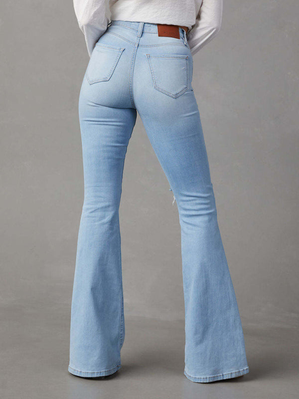 Eco-friendly Women's washed ripped high-waisted denim wide-leg trousers