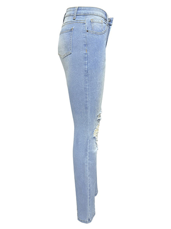 Eco-friendly Women's washed ripped high-waisted denim wide-leg trousers