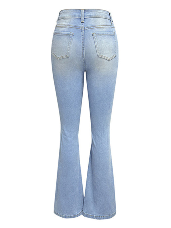 Eco-friendly Women's washed ripped high-waisted denim wide-leg trousers