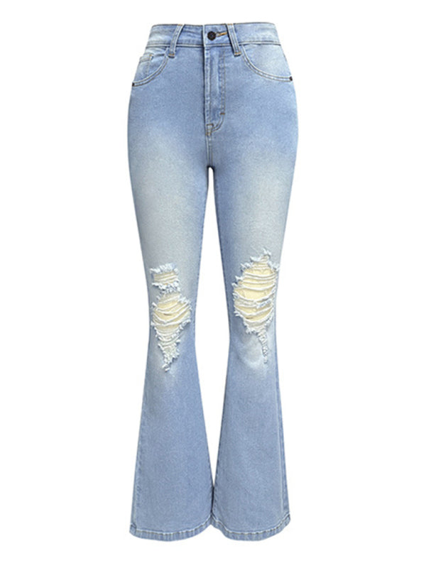 Eco-friendly Women's washed ripped high-waisted denim wide-leg trousers