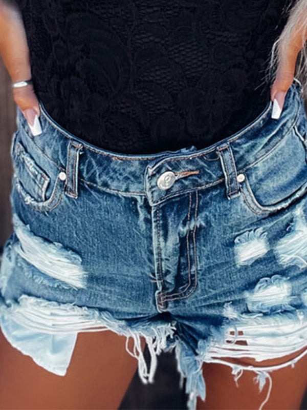 Eco-friendly Women's new distressed high waist ripped denim shorts