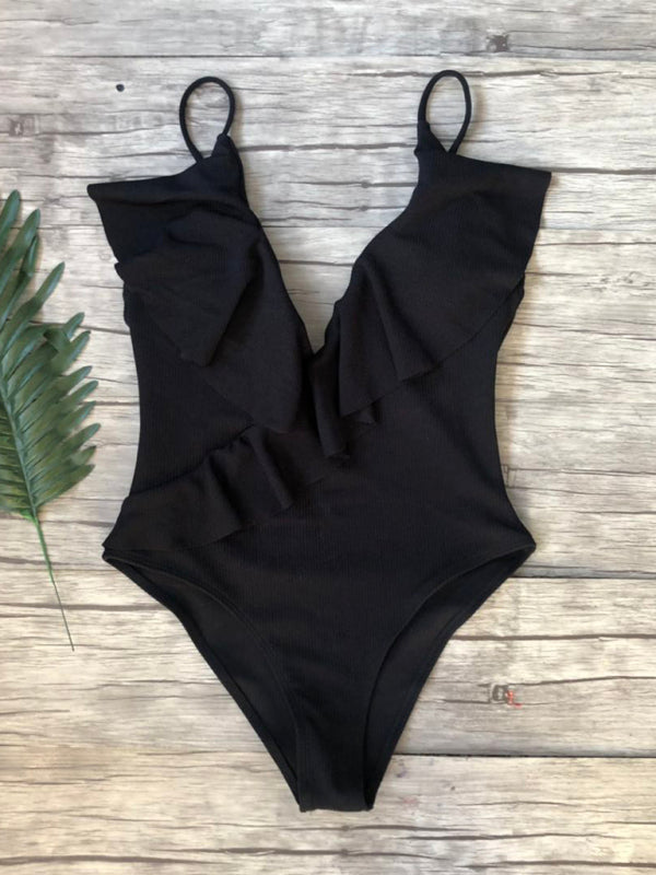 Eco-friendly New bikini solid color one-piece ruffled sexy shoulder swimsuit