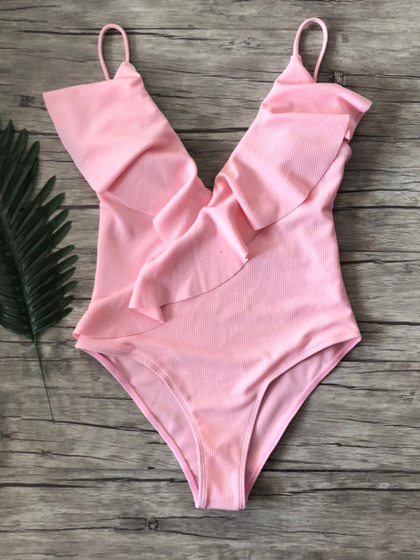 Eco-friendly New bikini solid color one-piece ruffled sexy shoulder swimsuit