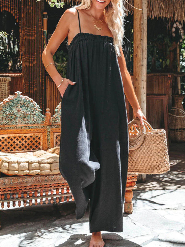 Eco-friendly New loose high-waisted wide-leg fashion suspender jumpsuit