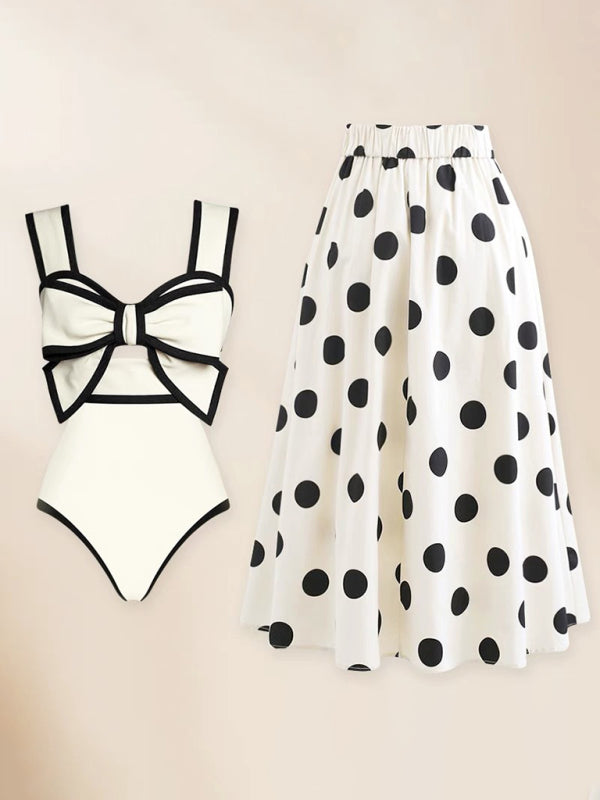 Eco-friendly New fashionable vacation sexy bow one-piece swimsuit + polka dot print skirt (single piece)