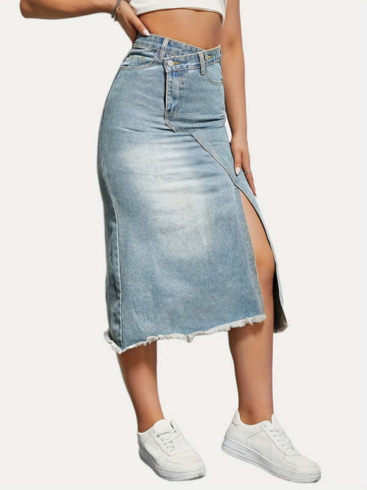 Eco-friendly Versatile American retro denim fashionable slit splicing mid-length a-line skirt